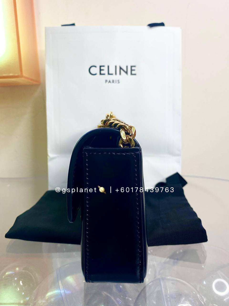 Celine CHAIN SHOULDER BAG CLAUDE IN SHINY CALFSKIN BLACK