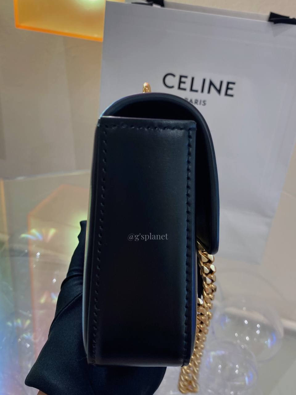 CHAIN SHOULDER BAG TRIOMPHE IN SHINY CALFSKIN BLACK